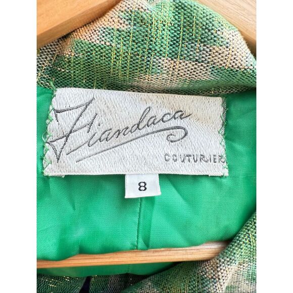 Vintage Fiandaca Couturier 8 Knee Length Dress Green Gold Ikat Zig Zag 60's Mod - Picture 15 of 16